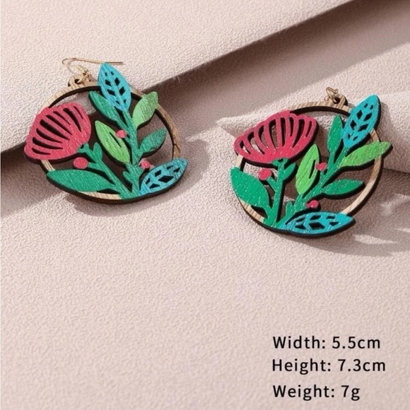 NEW Colorful Flower Wood Hoop Earrings - Picture 2 of 4